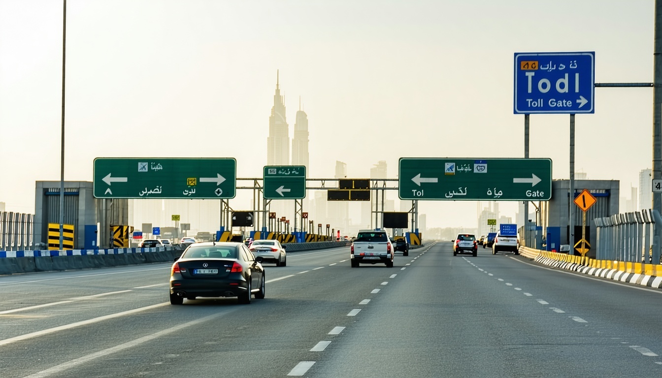 Motorists passing through a Dubai toll gate