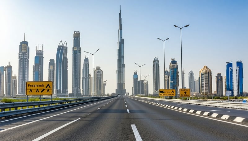 Dubai skyline with modern highways and road toll signs